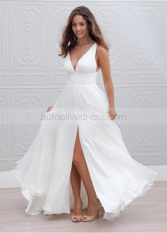 Sexy Ivory Chiffon V Neck Front Slit Wedding Dress